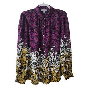 Classiques Entier 100% Silk Blouse L Purple Yellow Floral Colorblock Button-Up